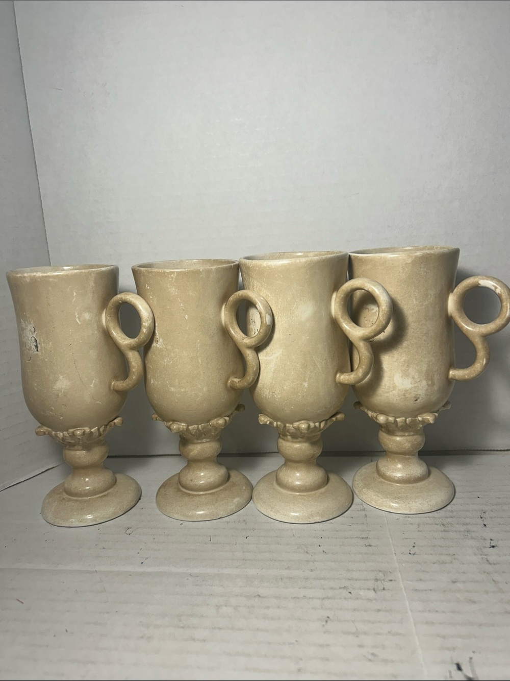 Set of 4 Decorative Beige Trophy-Style Goblets Irish Coffee Mugs